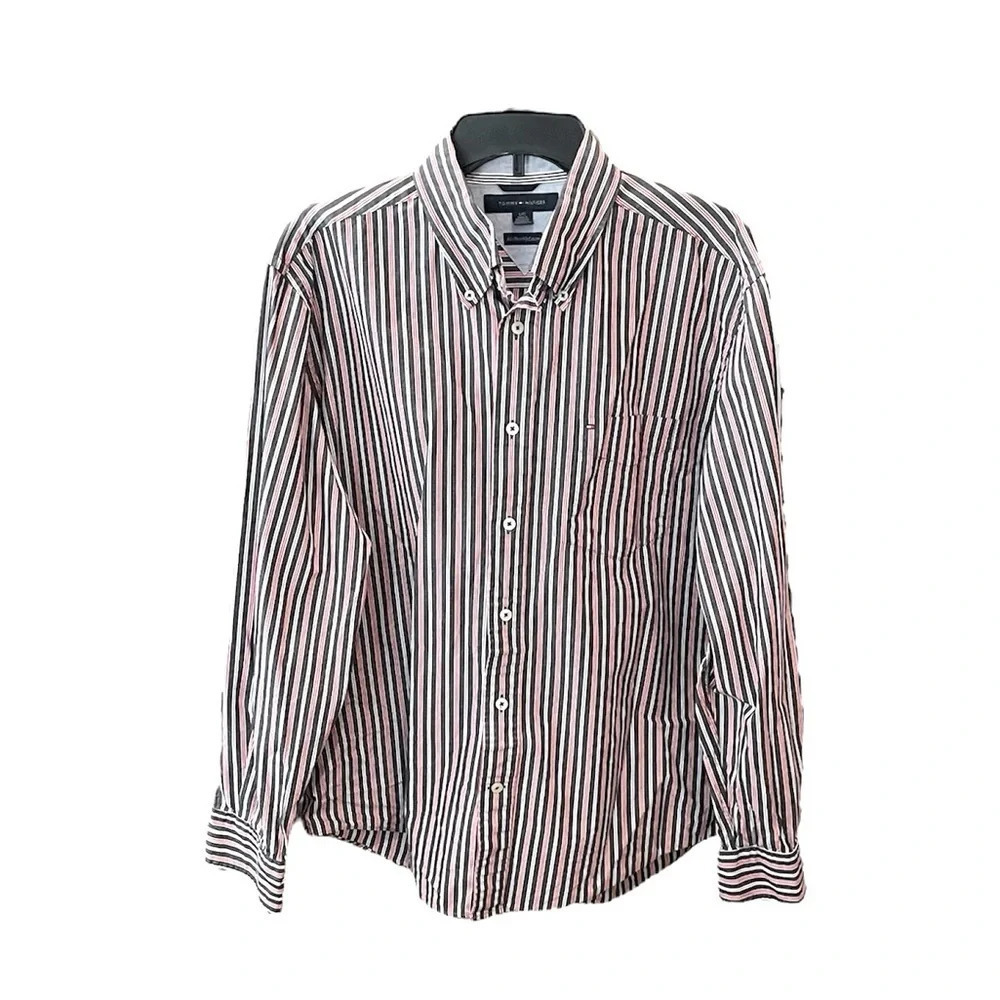 Tommy Hilfiger men’s button down long sleeve cotton shirt SZ L blue red white